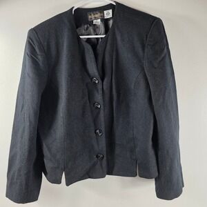 Vintage Requirements Black Wool Blend Blazer Jacket Size 16 Collarless Button Up